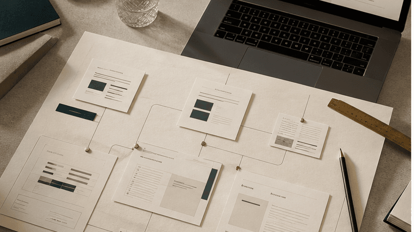 Table de travail avec une carte de décision, des pages reliées et des preuves organisées avant un échange commercial